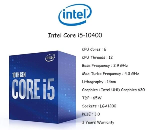 پردازنده مرکزی اینتل سری باکس اورجینال Comet Lake مدل  Core i5-10400 box - Image 2